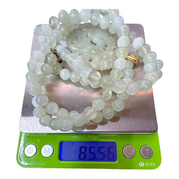 Vintage Carved Green Celadon Jade Pendant Necklace Beaded Strand Gold-Tone 20" - Picture 7 of 9